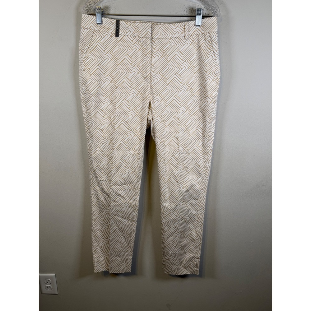 Peserico Womens Tailored Pants Geometric Maze Print White Tan 32 Made in Italy